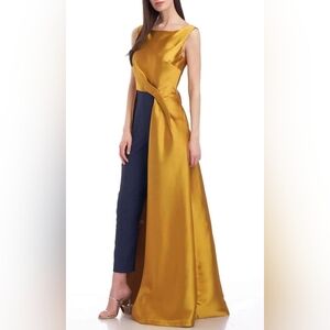Kay Unger Gold and Navy High-Low Pockets Sleeveless Jumpsuit Dress Womens Size 8